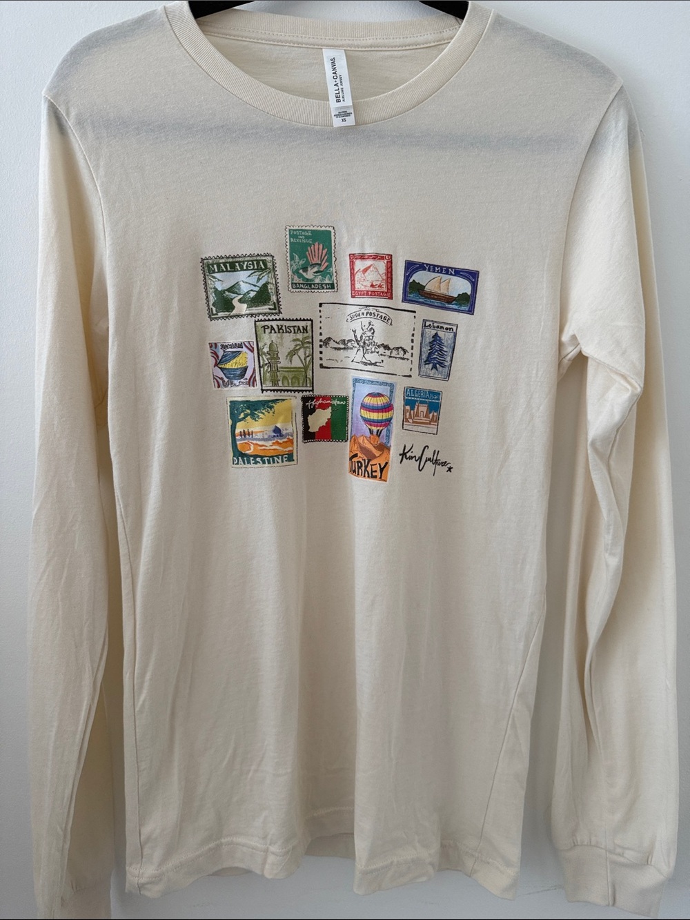 Cream Long-Sleeve Tee with Stamp Graphic
